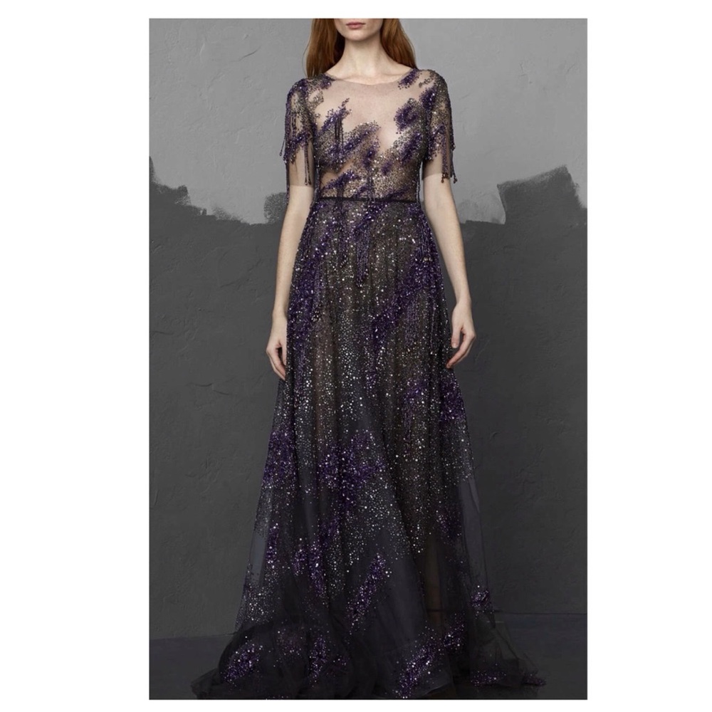 Pamella Roland Sequin Embroidered Fringe Illusion Silk Evening Gown